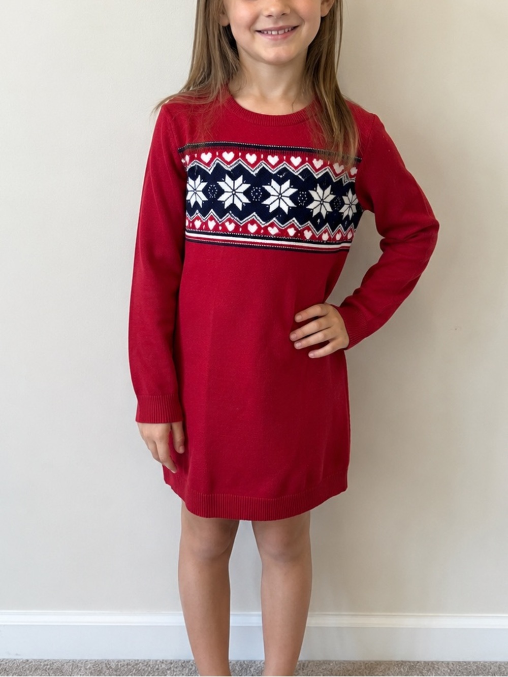 The Children’s Place Girls Sweater Dress Size 7/8 Red Nordic Snowflake